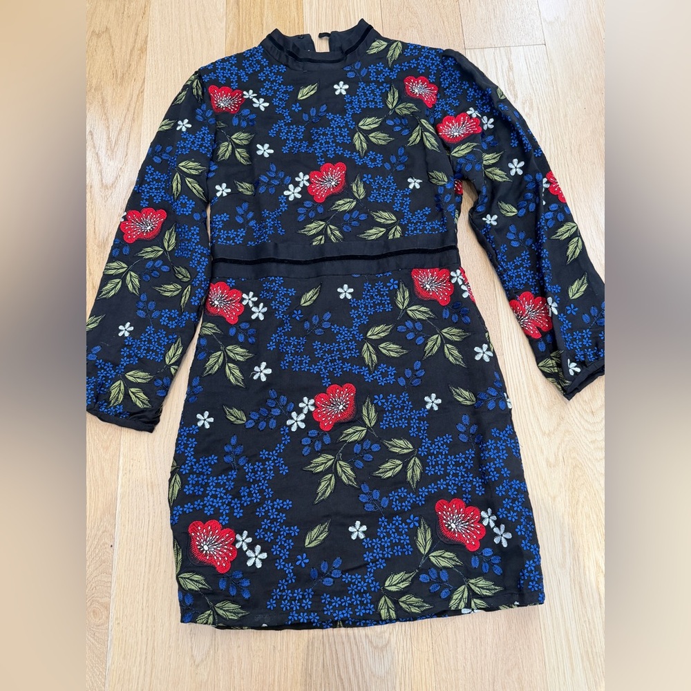 Victoria Road Embroidered Black Floral Long-Sleeve Dress with Red & Blue Flowers